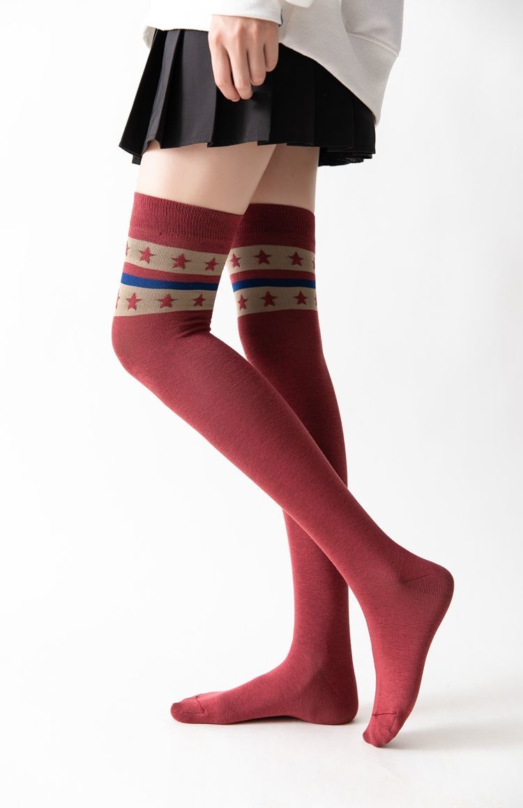 【好品质女士长袜美腿袜】少女过膝袜薄款亮色星星纹长筒袜韩版学院风