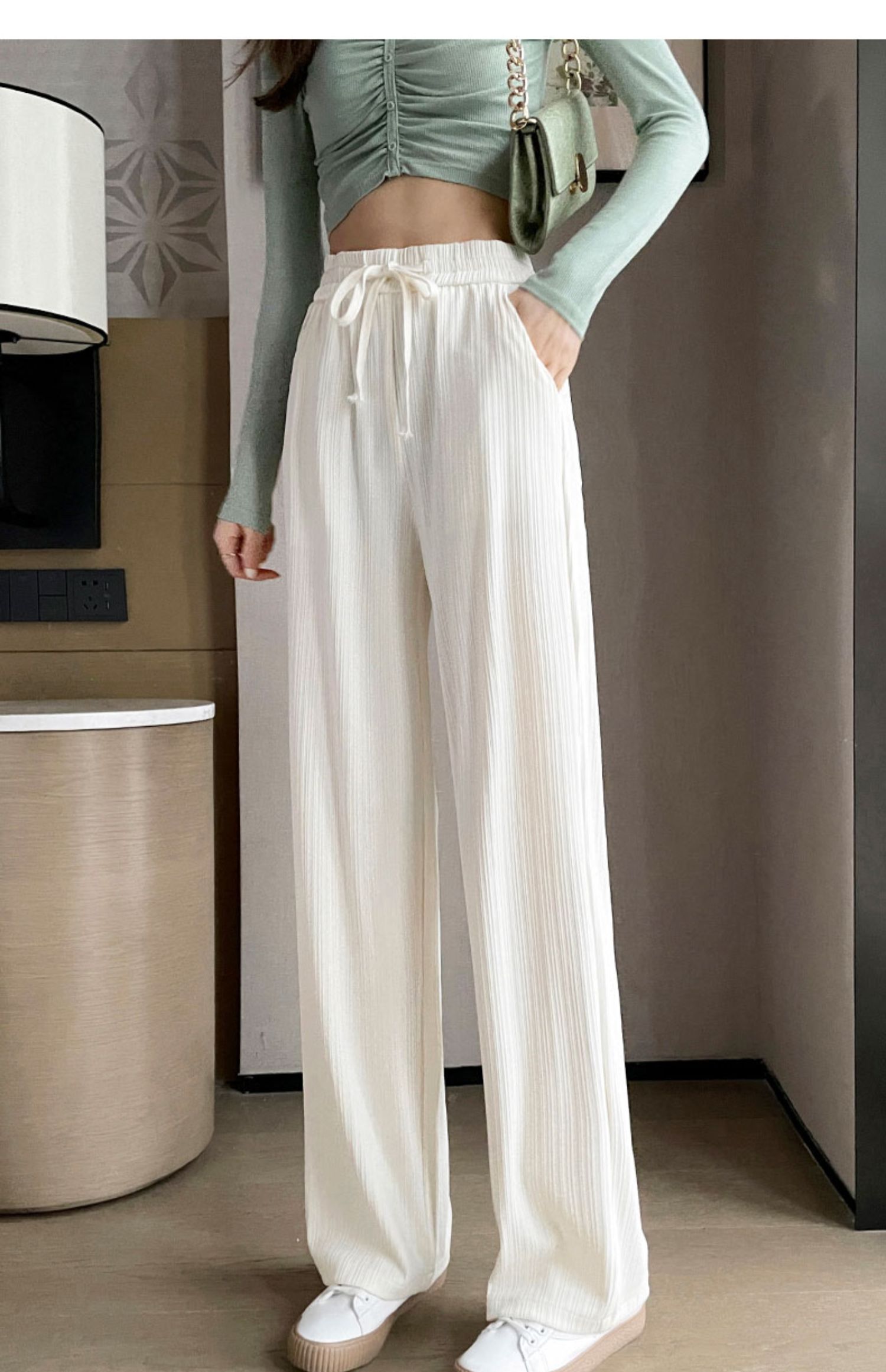 61020265品质精选旗舰官方店白色冰丝阔腿裤女春秋高腰垂感