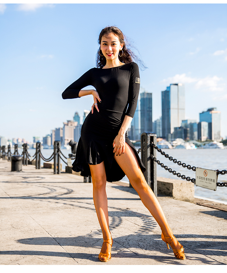 拉丁舞裙连衣裙女成人国标舞舞蹈服拉丁练习服套装黑色l