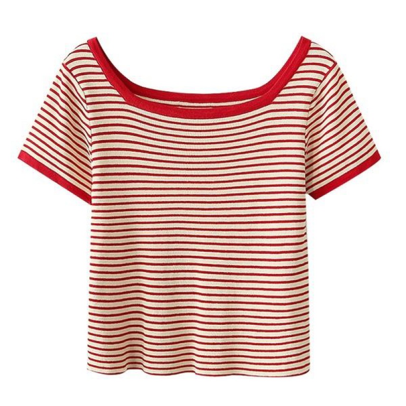 叶余短袖t恤女夏季半袖女装半截袖女 针织条纹短袖t恤女修身短款夏季