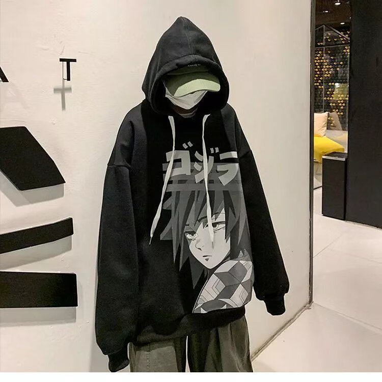 卫衣男春秋oversize外套国潮雾霾蓝百搭潮流装连帽衫 鬼灭之刃黑色加