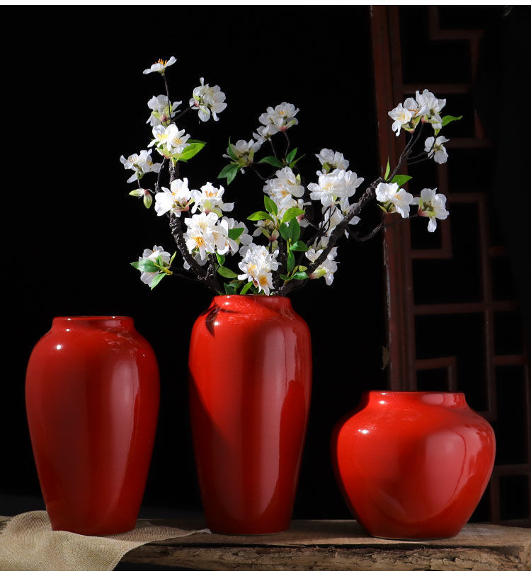 兆族中式客厅书房样板房创意插花摆件家居装饰品红色陶瓷花瓶工艺摆设
