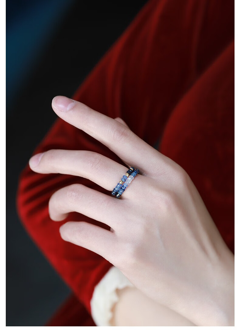 彩色蓝宝石戒指 女18金黄金彩宝首饰 多层尾戒礼物 送女朋友 蓝宝石