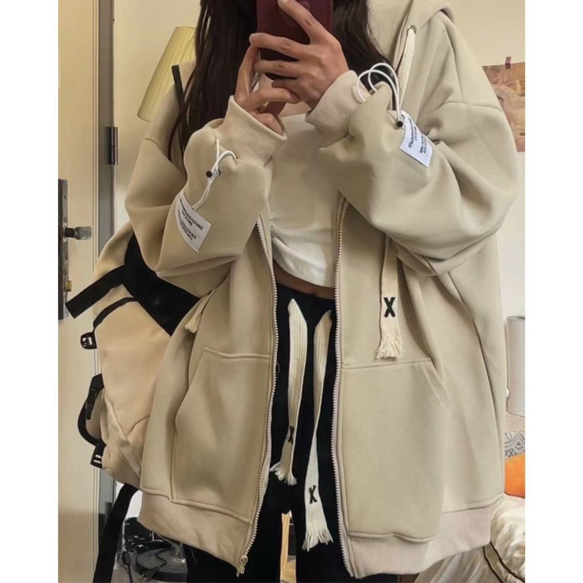 女带帽【双层帽】ins韩版休闲设计感洋气百搭连帽卫衣宽松外套上衣