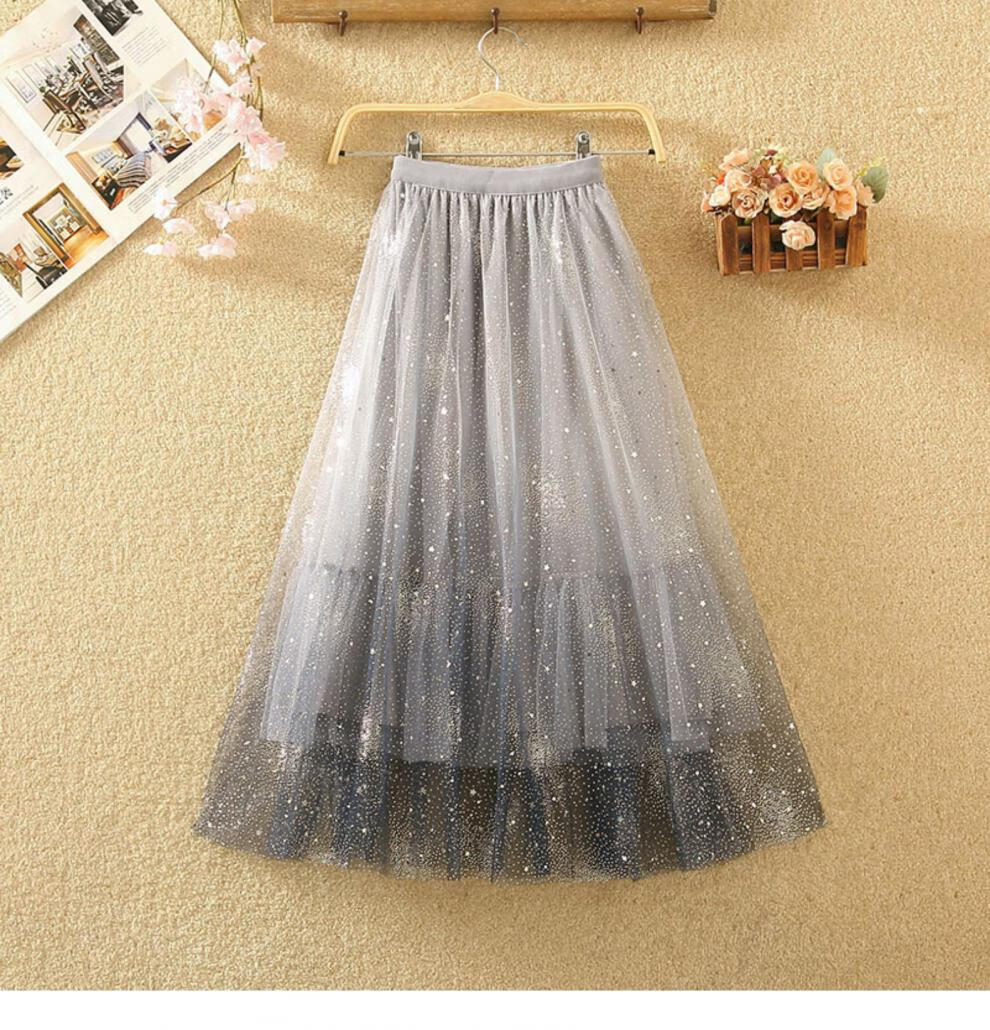 渐变色星星亮片网纱半身裙女新款中长款裙子拼接星空闪闪纱裙2021