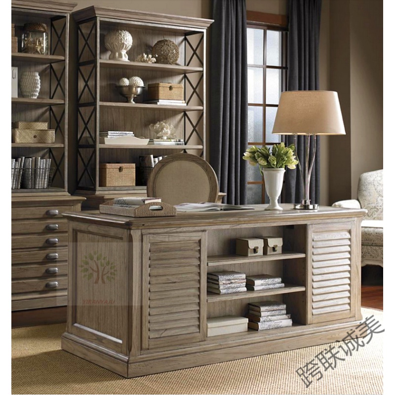 欧式电脑桌美式乡村实木百叶储物书桌办公桌欧式复古做旧风化灰写字台