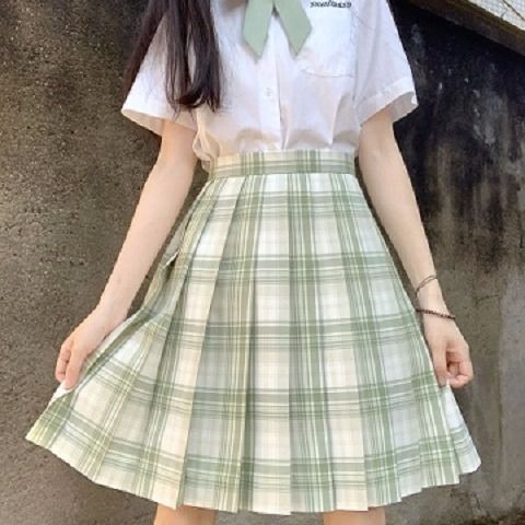 昀晞绿色格裙jk 夏季jk制服套装女百搭刺绣衬衫减龄学院风格子半身裙