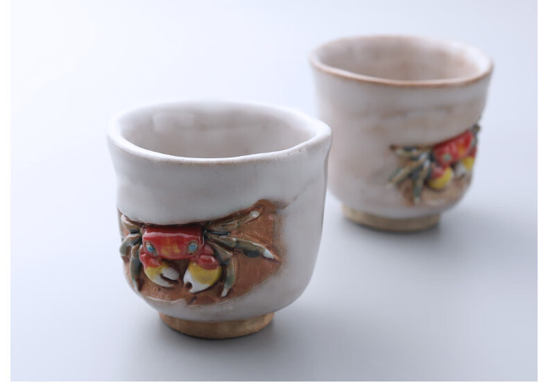 收藏山桜天神蟹杯二六烧水月烧乐山螃蟹茶杯公道宝瓶日式志野礼盒