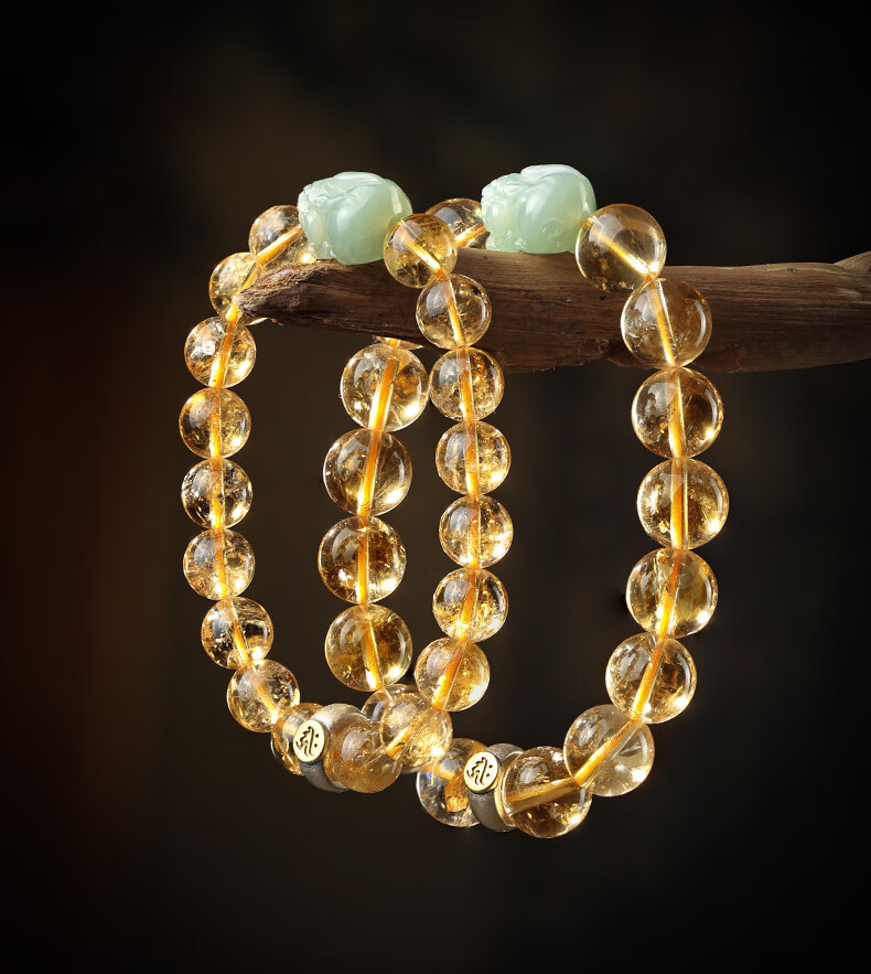 月石缘天然黄水晶手链女原石发晶和田玉貔貅本命佛手串男情侣款一对送