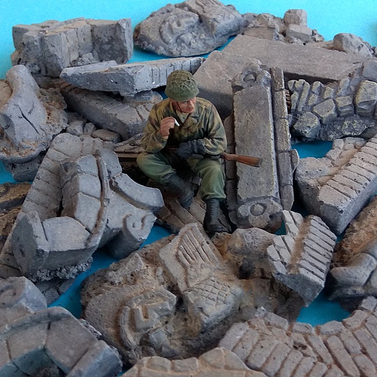 二战军事沙盘地台1/35砖块瓦片碎石残墙素材场景建筑废墟瓦砾模型