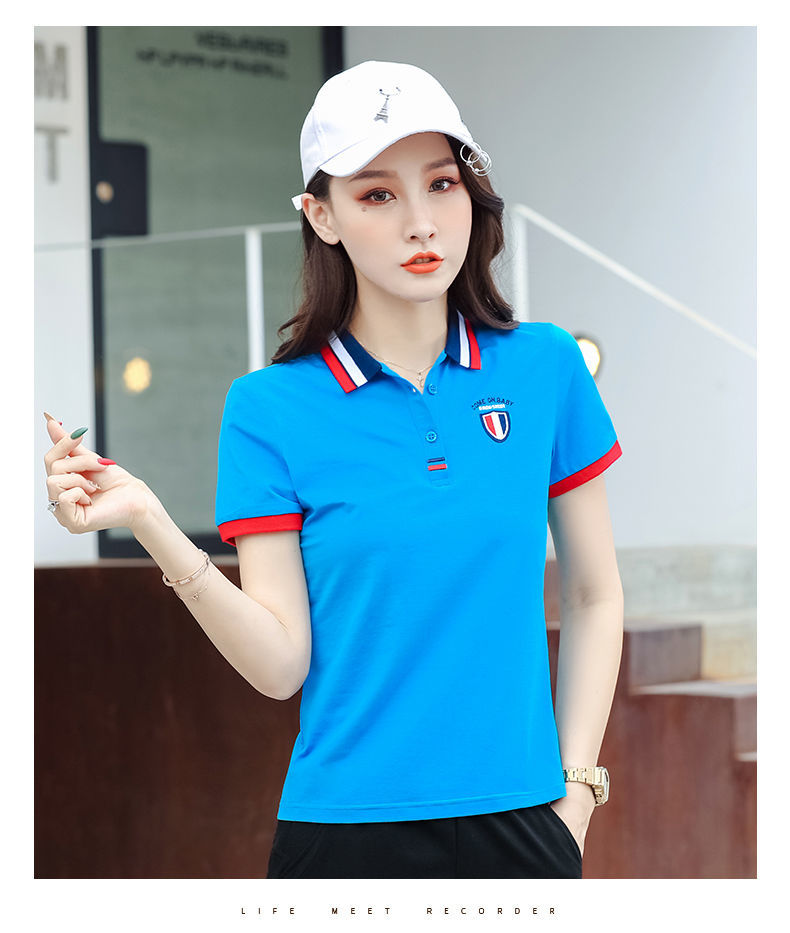 棉 夏装短袖翻领polo衫女潮女士带领运动上衣夏有领半袖t恤 三色盾牌
