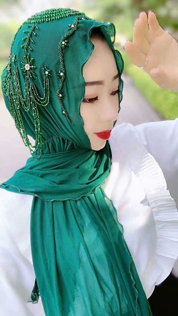 心墨染新品回族女人的套头纱巾 盖头头巾回族网纱长巾手缝头巾纱巾沙