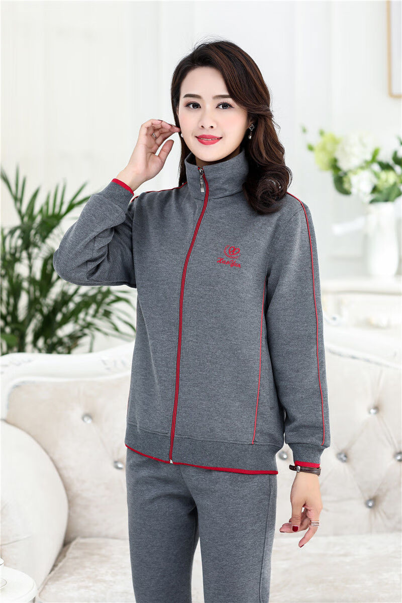 中老年运动服女装女春秋2021新款40岁50妈妈春装洋气外套中年上衣红色