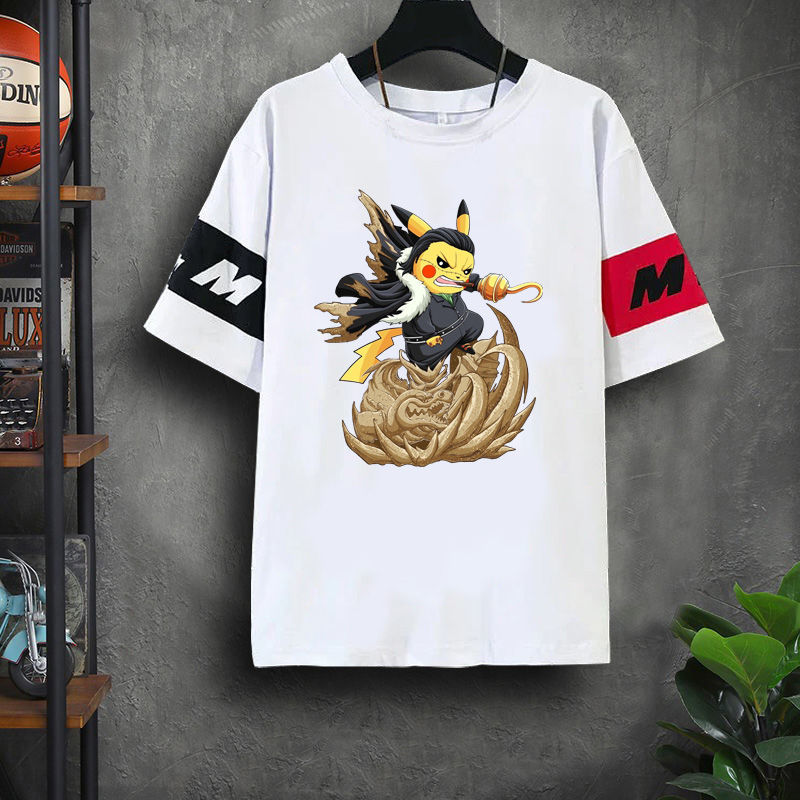 2021夏季新款黄金皮卡丘圣斗士衣服男生短袖t恤青少年卡通打底衫红黑