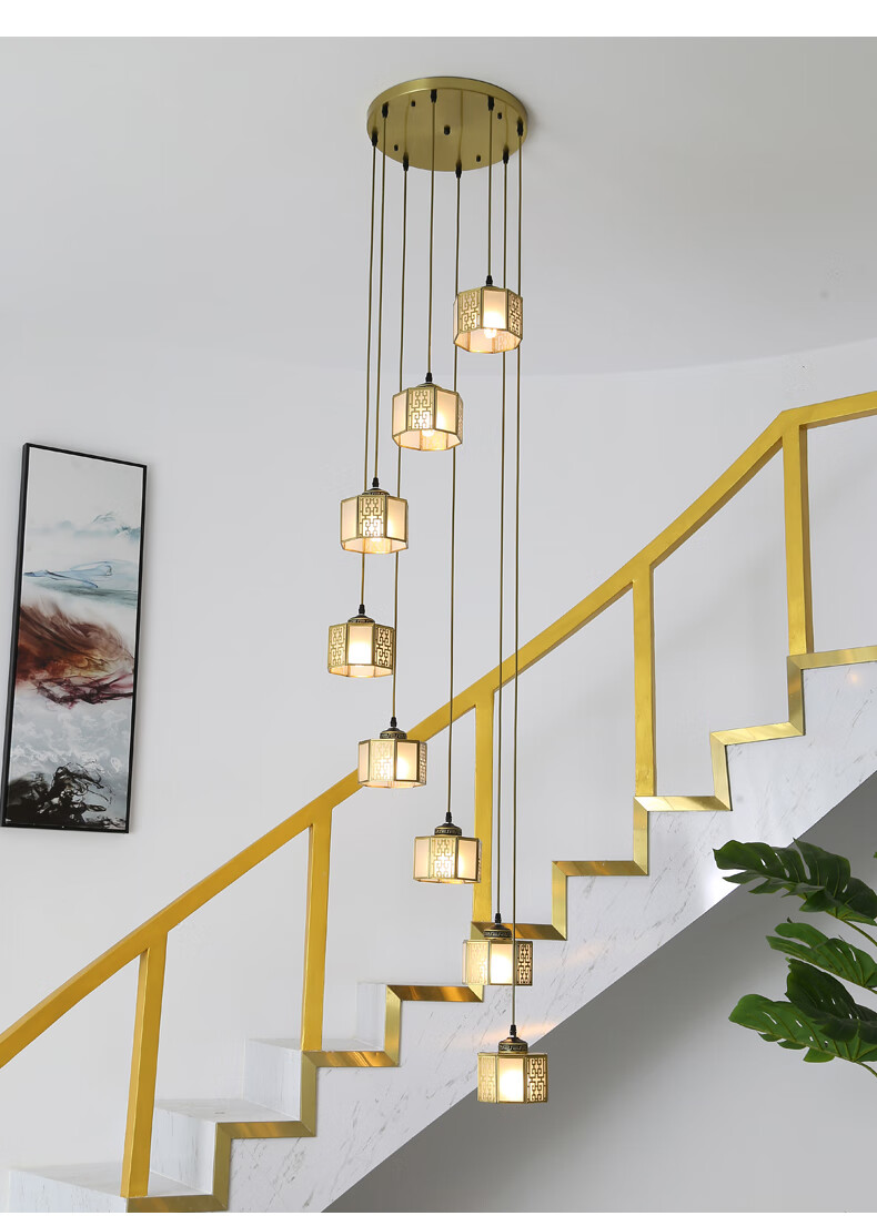 岩元楼梯吊灯新中式全铜楼梯间长吊灯大别墅中空旋转复式楼阁楼纯铜灯
