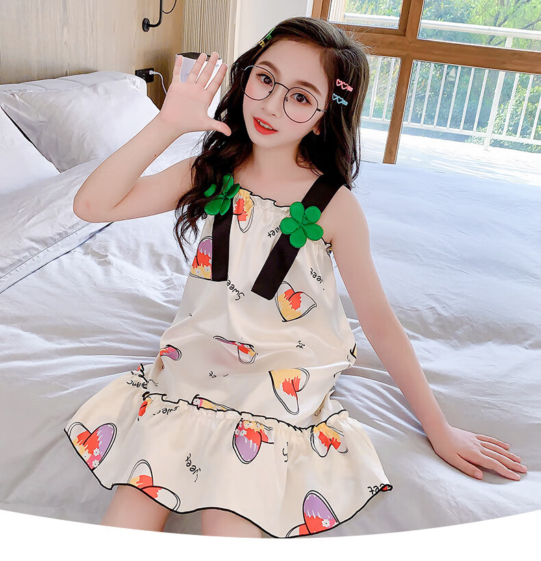 女童睡裙小女孩夏季新款冰丝吊带儿童睡衣夏装3-15岁中大童空调家居服
