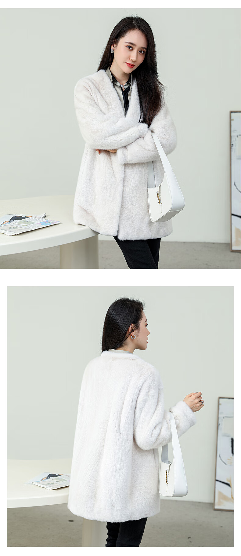 odybird欧迪鸟品牌女装貂皮大衣女年轻款水貂毛皮草外套中长款 珍珠白