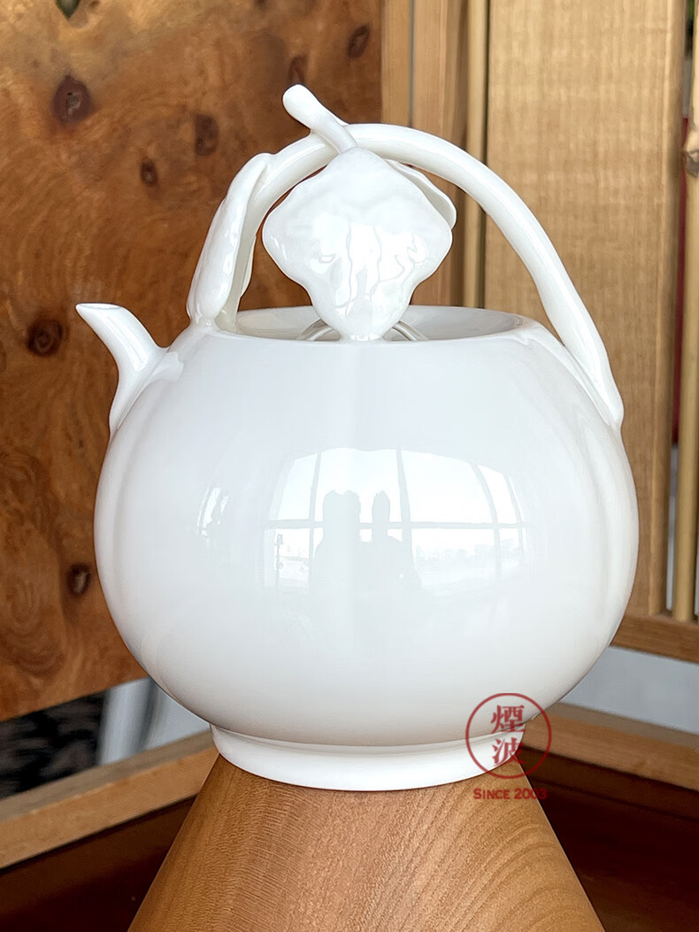 烟波 中国 晓芳窑 蔡晓芳 牙白瓷 瓜式提梁壶 茶壶
