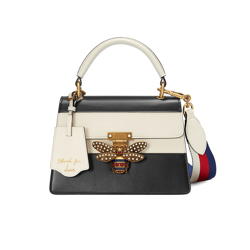 古驰gucci女包经典金属蜜蜂装饰皮革手提包单肩包黑白
