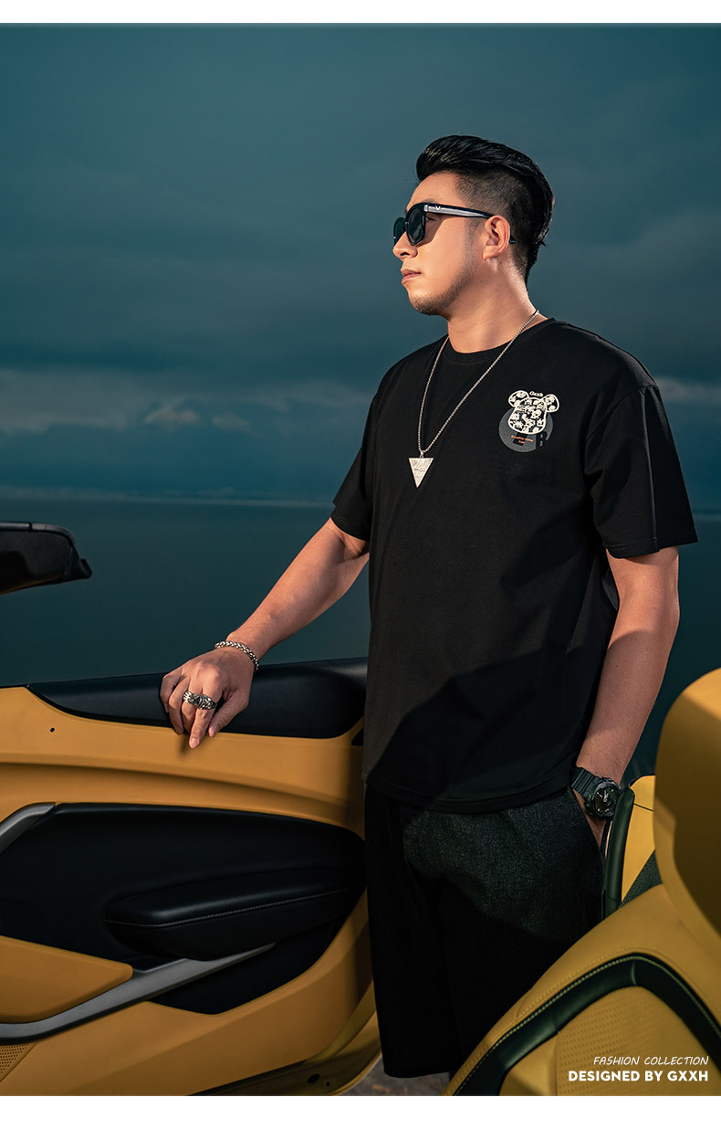 坦野大码男装t恤男短袖加肥加大男士短袖宽松休闲潮流小熊印花圆领t恤