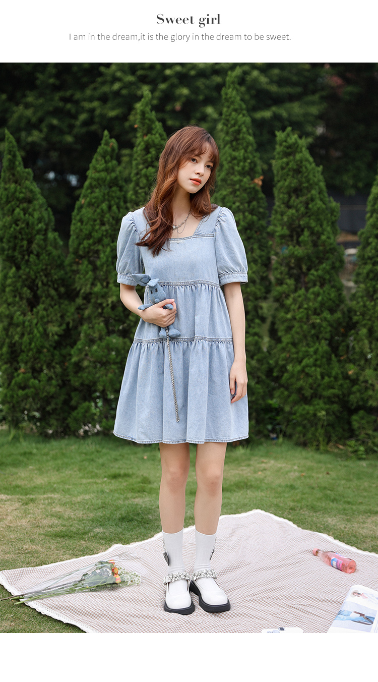 朵以2022夏季新款牛仔连衣裙复古减龄方领可爱玩偶甜美高腰a字裙37vx
