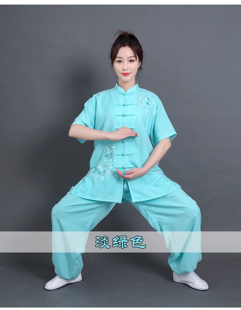 太极服女式短袖时尚新款绣花女装亚麻棉麻透气太极拳练功服装夏季开衫