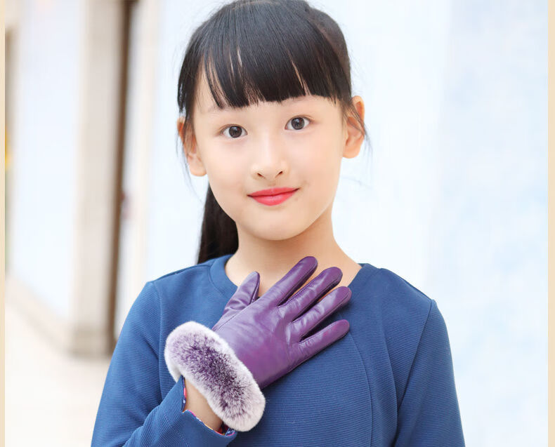喜圣多新品冬儿童皮手套儿童手套秋冬女孩保暖加绒加厚仿真皮五指中大