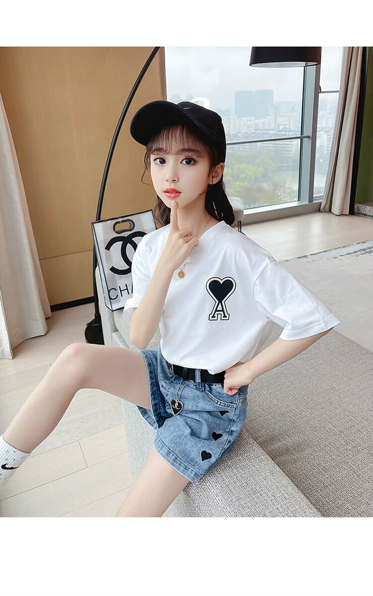 泼缦女童两件套夏季适合316岁小女孩穿的休闲宽松短袖爱心牛仔短裤