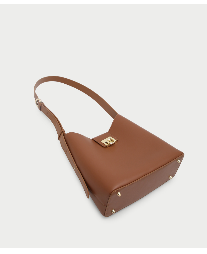 hongu红谷新款时尚潮单肩包牛皮大容量水桶包休闲包包女棕色