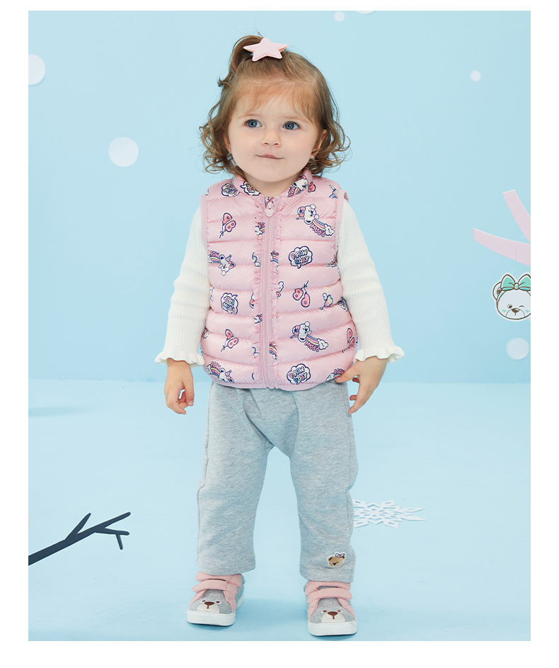 pawinpaw卡通小熊童装2021年秋冬新款女宝宝马甲90鸭绒荷叶边white