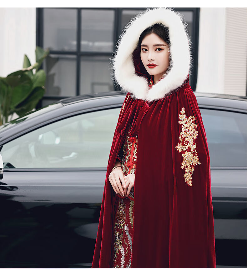 新娘披肩女秋冬结婚礼服外搭披风红色新娘秀禾加厚保暖斗篷长外套双层