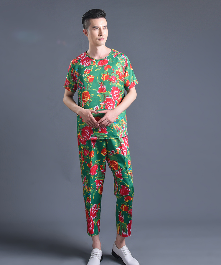 维玛罗东北大花衣二人转演出服男搞笑大花布衣服t恤套装女抖音花裤子