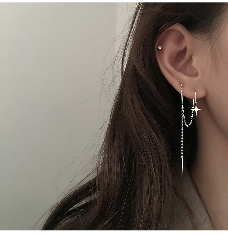 双耳洞连体耳钉925银星星不对称耳线小众耳环女丢了
