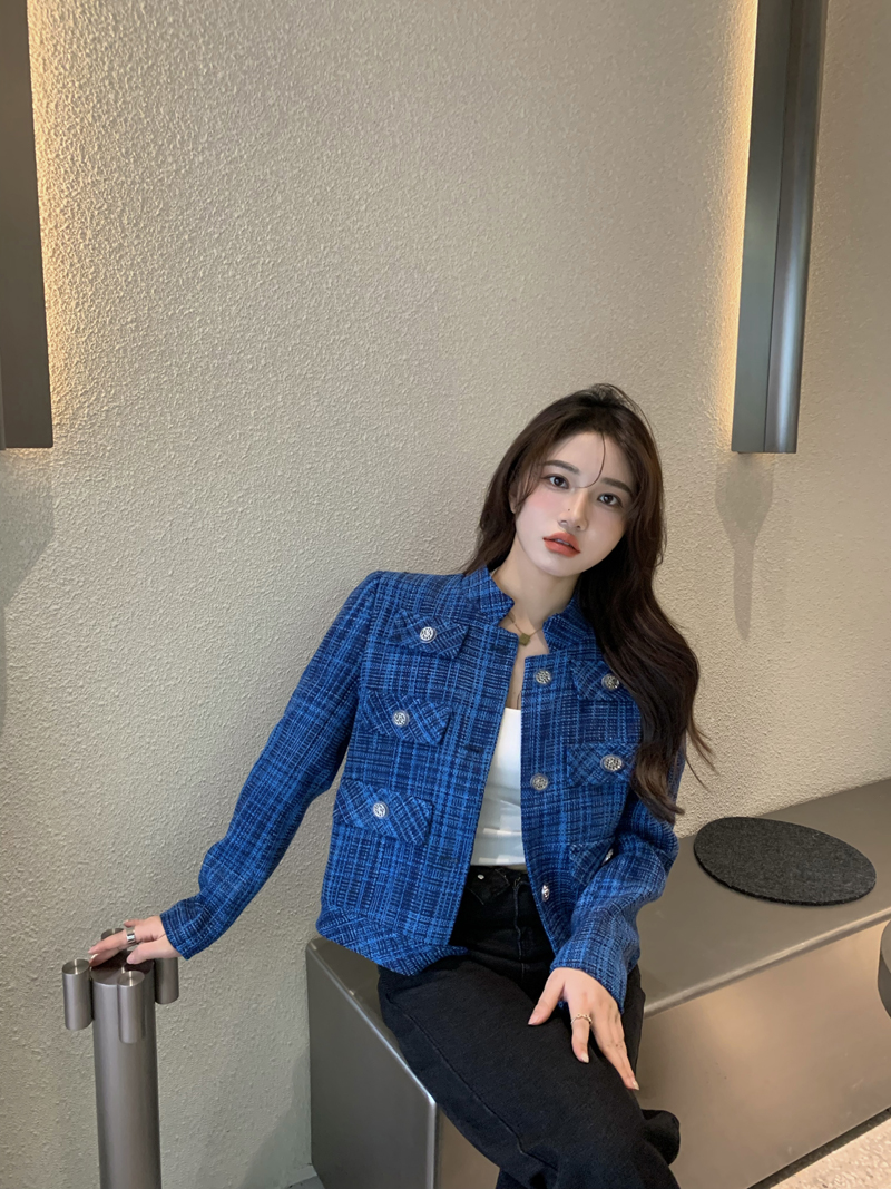 格子短外套女装春秋克莱因蓝小香风立领修身法式百搭气质名媛上衣蓝色