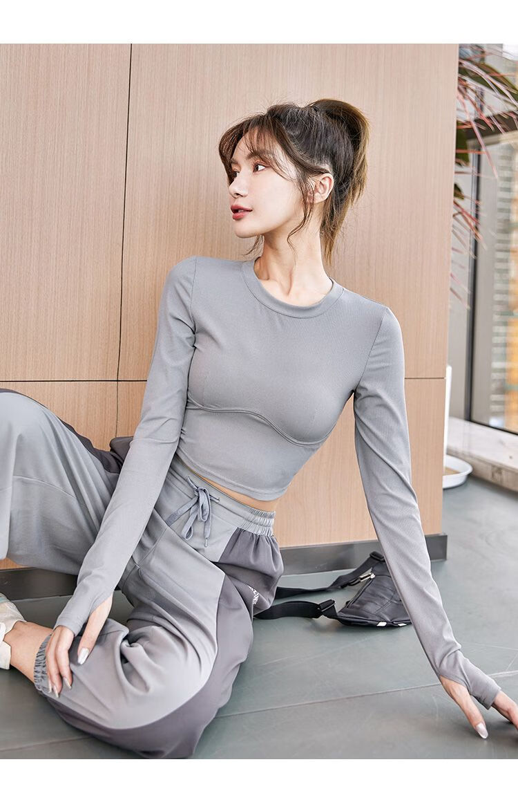 新红瑜伽服女秋天健身上衣短款露脐性感紧身跑步衣服运动t恤长袖灰