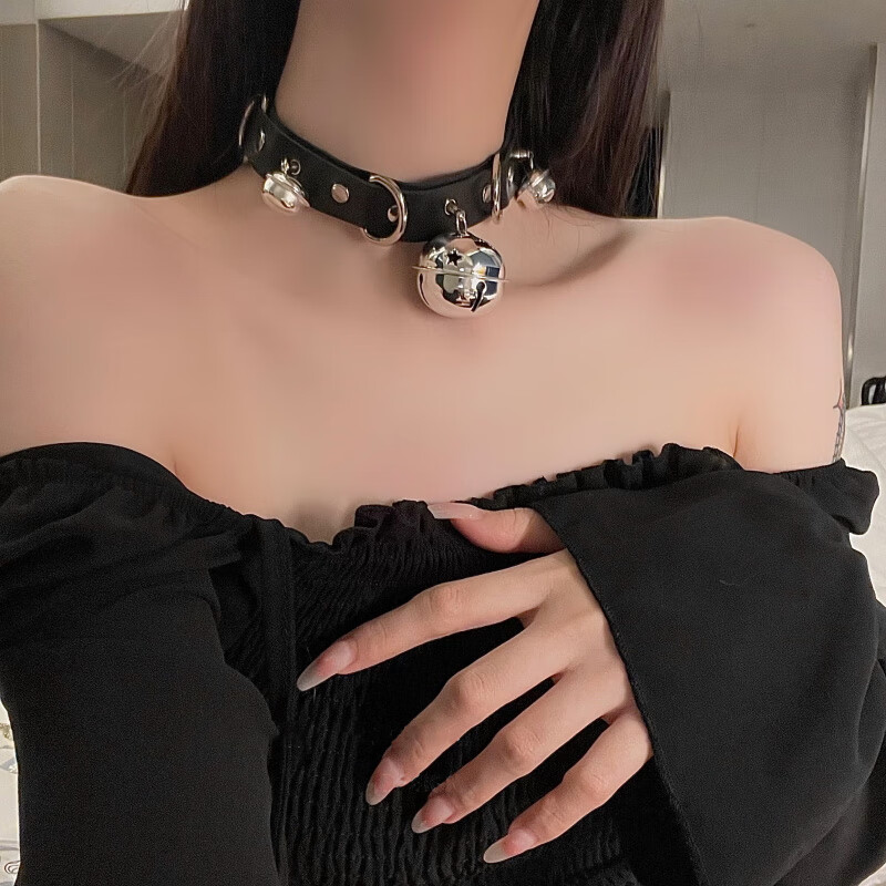 大铃铛pu皮带扣项圈女禁欲系choker项链情趣sm配饰女仆脖子颈带 白色