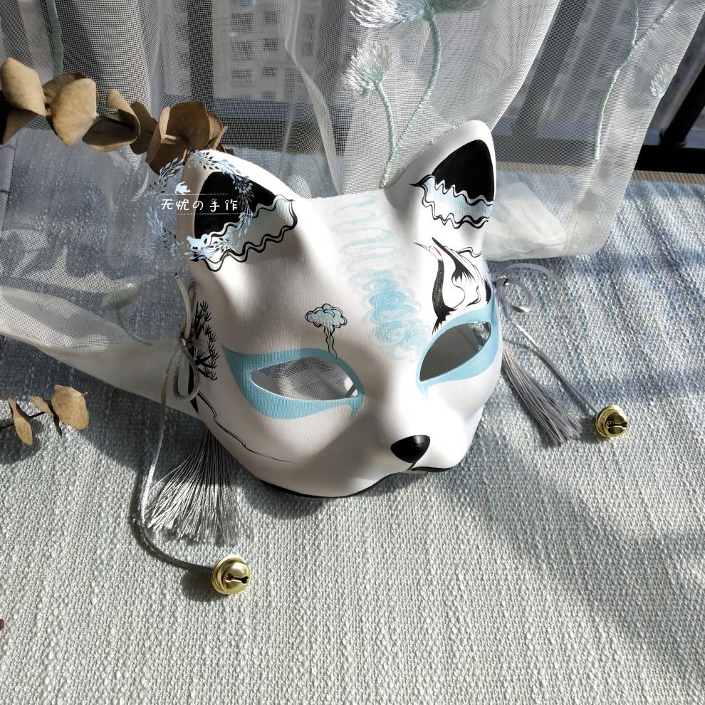 狐狸面具日本全脸猫脸纸浆面具和风手绘日本狐狸面具舞会动漫道具彼岸