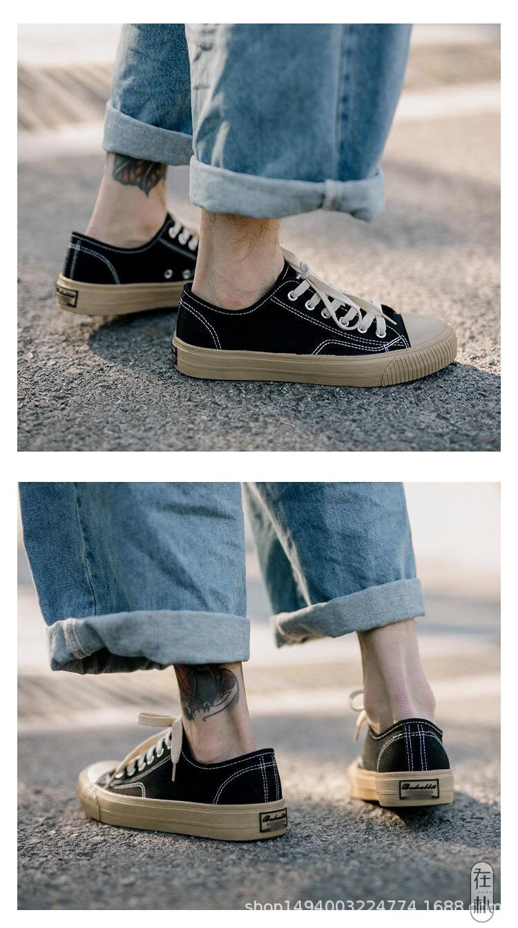 日本冈山久留米硫化鞋日系复古小白鞋子春季透气低帮帆布鞋 黑色 42