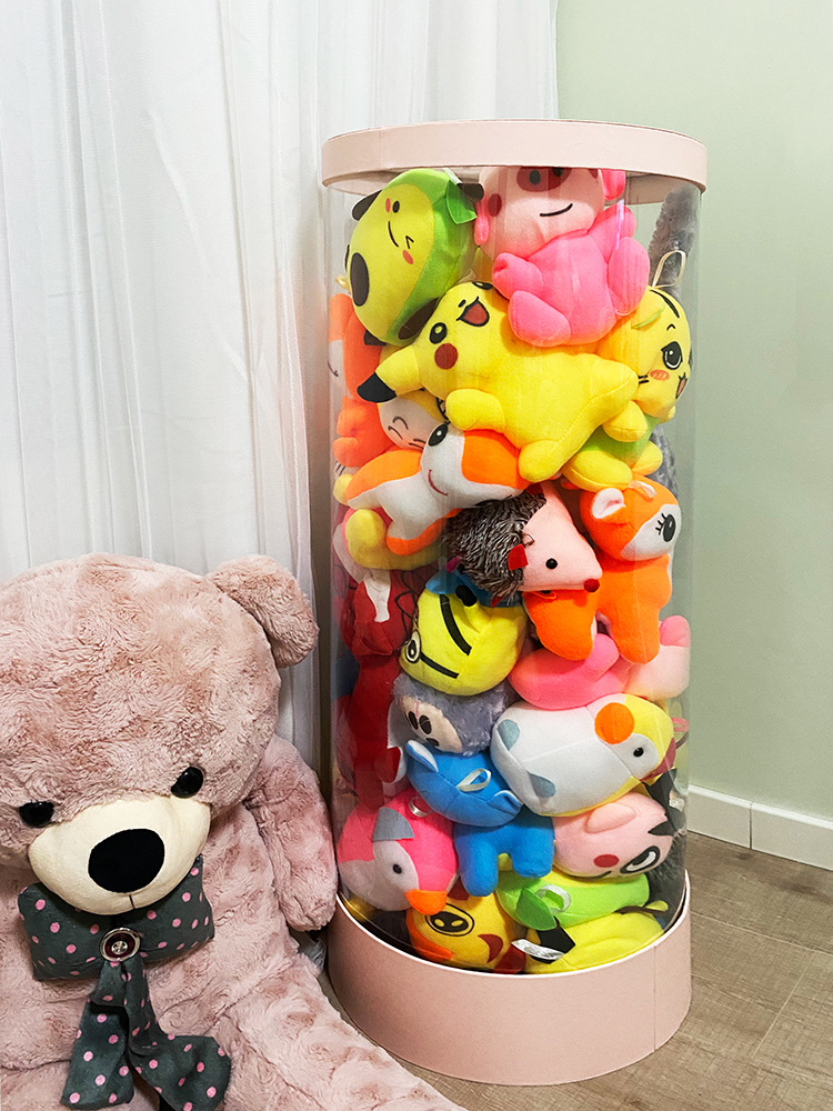 网红高款娃娃透明收纳桶玩偶收纳桶玩偶圆柱形收纳桶透毛绒玩具收纳桶