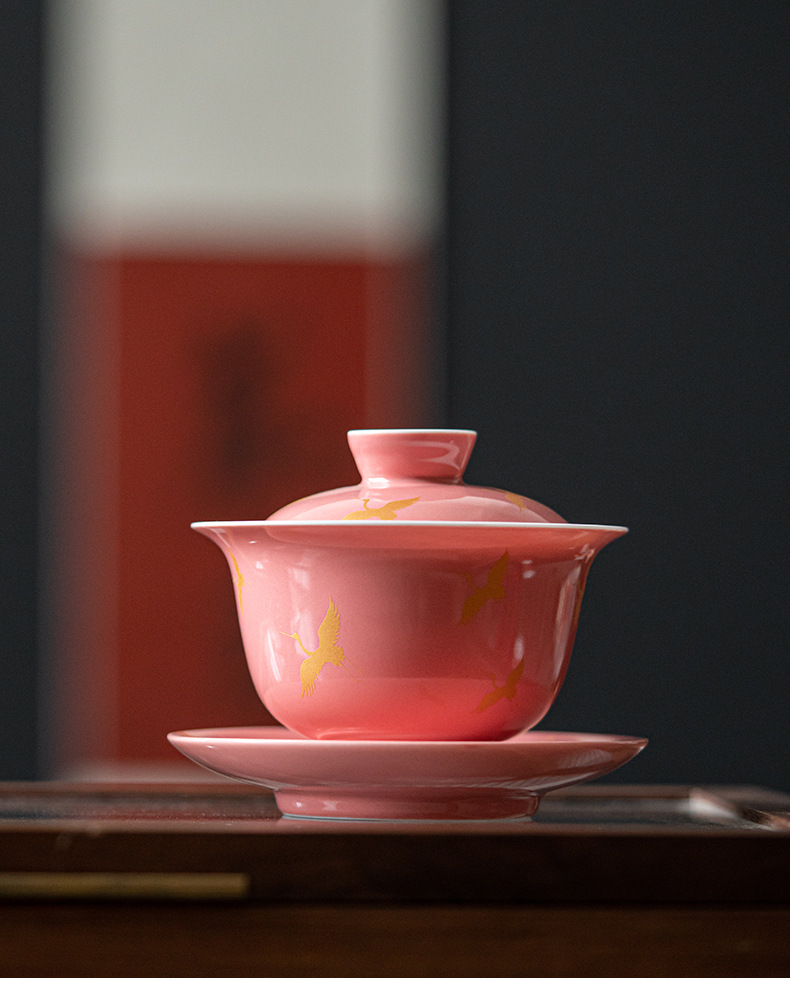 品茶客桃红釉仙鹤三才盖碗茶杯单个手工陶瓷泡茶器单个家用防烫茶碗带