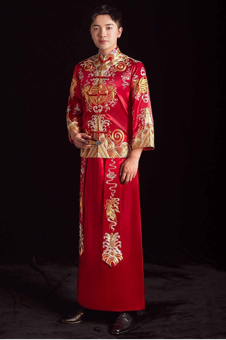 秀禾服男士新郎中式男款2022新款结婚结婚礼服男装唐装马褂 红色丨盘