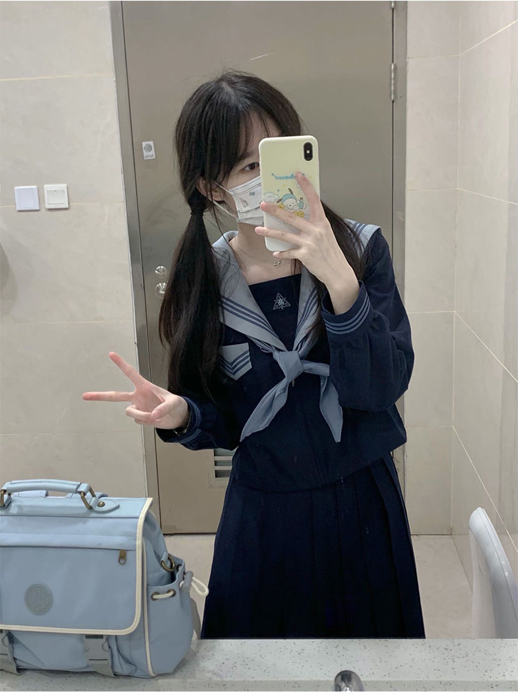 狐兔原创水手服jk制服学院风套装短袖夏季上衣基础款 (绿)长袖  名扎