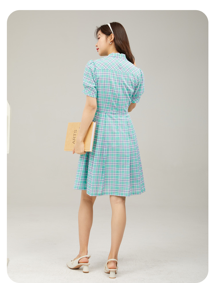 eland衣恋官方集团依恋春夏季衣服格纹纯棉蝴蝶结系带连衣裙女通勤