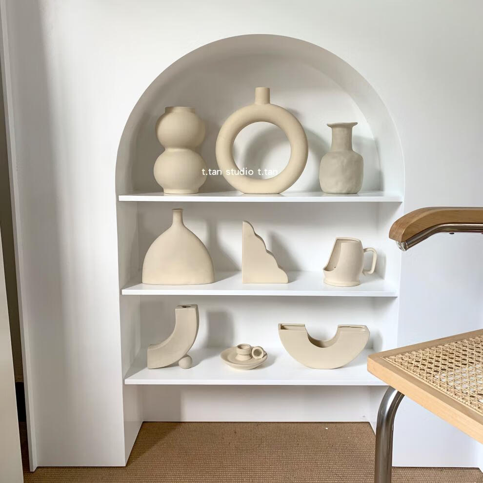 素胚陶瓷花瓶冷淡风极简装饰服装店民宿工作室摆件插花器 米黄半圆管