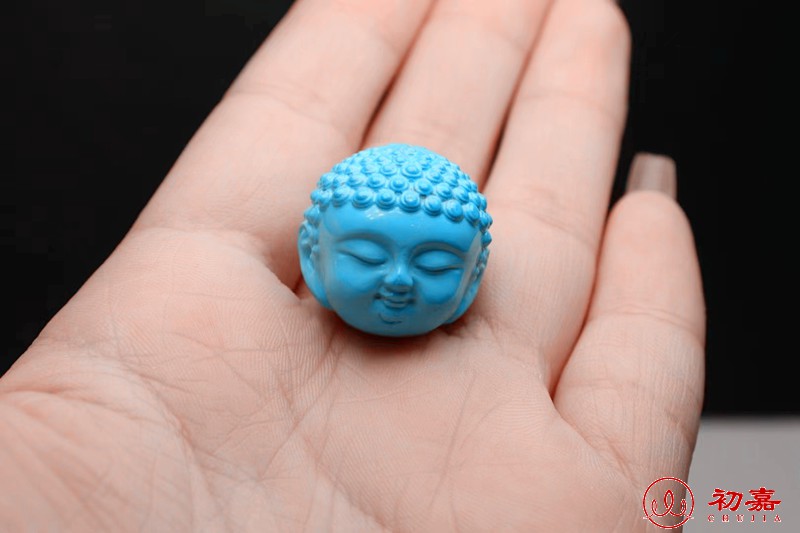 初嘉 绿松石湖北原矿高瓷弥勒佛头 配珠散珠三通套装文玩diy配饰 蓝色