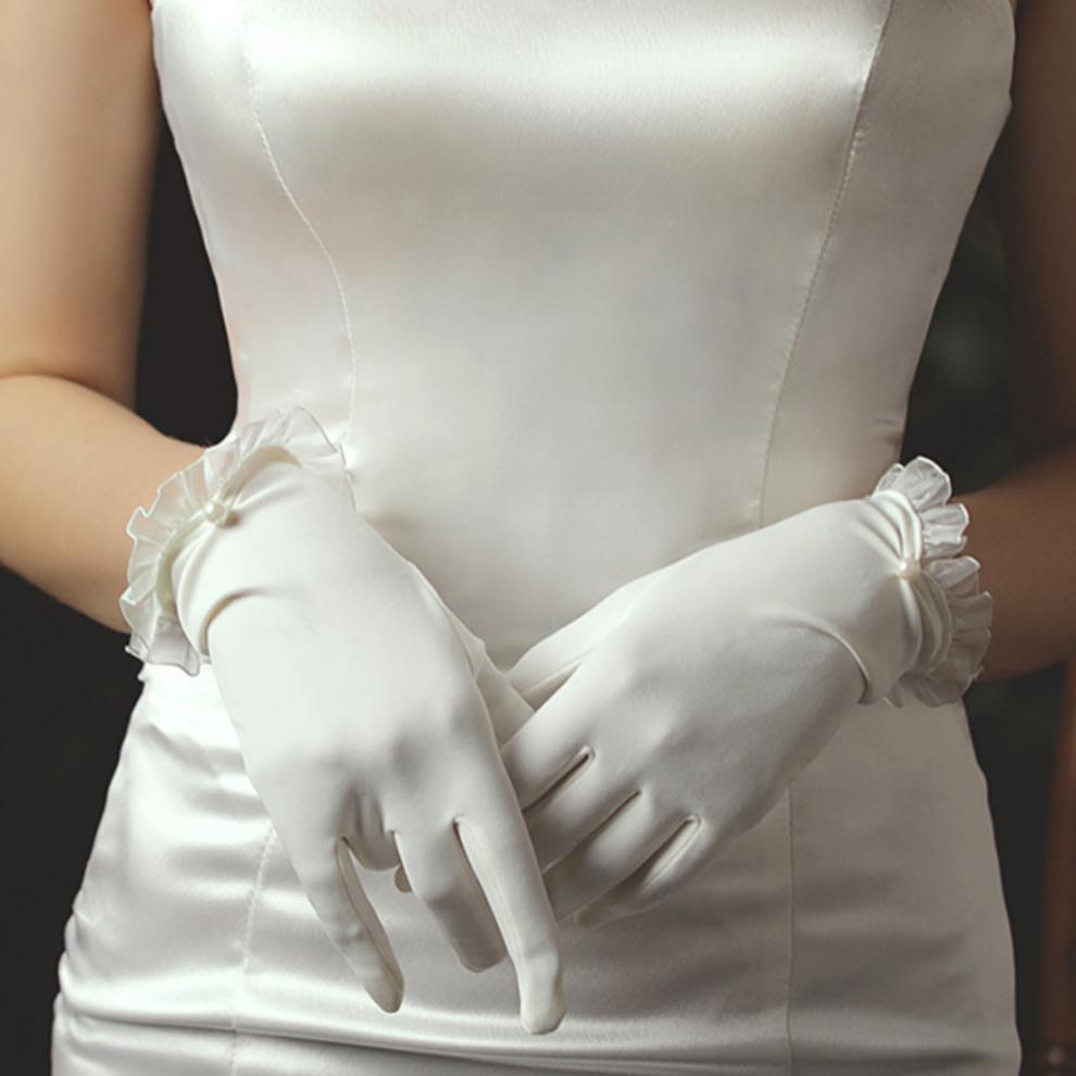 结婚手套 礼仪直播迎宾珍珠白手套缎面纱新娘伴娘珠宝旅拍婚纱礼服
