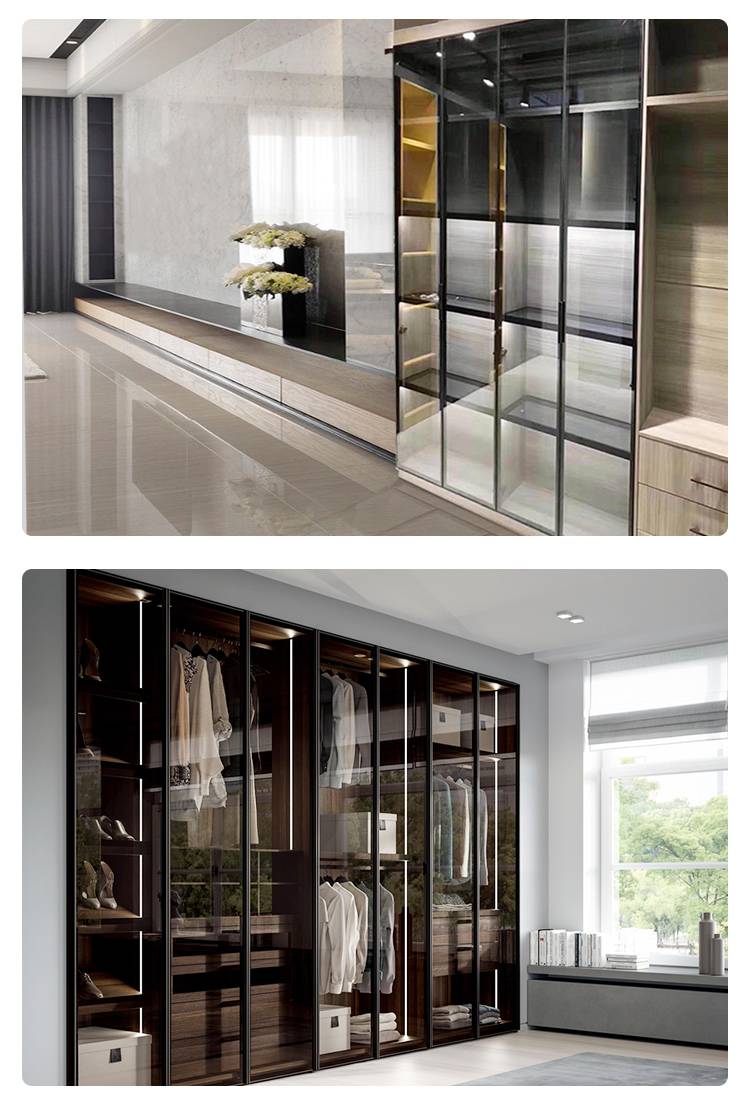 玻璃门衣柜轻奢窄边钢化玻璃衣帽间衣柜门书柜平开门酒柜门茶色透明