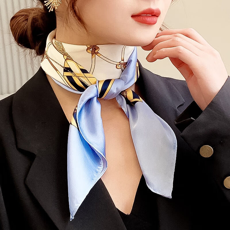 系脖子的小丝巾夏天薄款围巾冰丝防晒领结发带酷街头小方巾蝴蝶花丈青