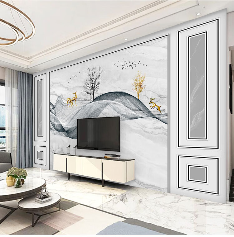 2022新款影视墙壁布 墙纸电视背景墙2022年新款防水壁画轻奢风麋鹿