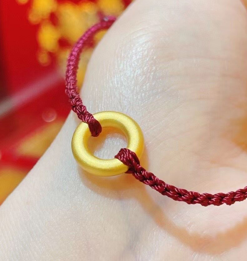 素圈999足金平安扣黄金转运珠红绳手链编绳男款女生足金本命手绳足金